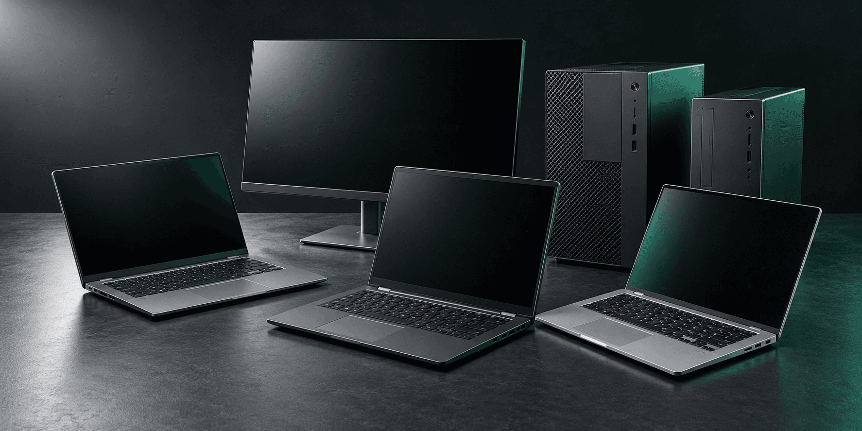 Laptops, desktop PC towers and a monitor arranged on a dark surface