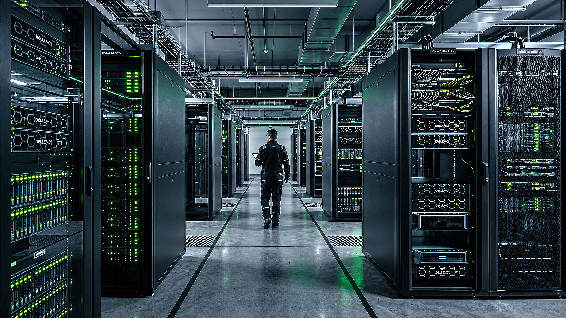 Server racks along an aisle with a person walking in the centre