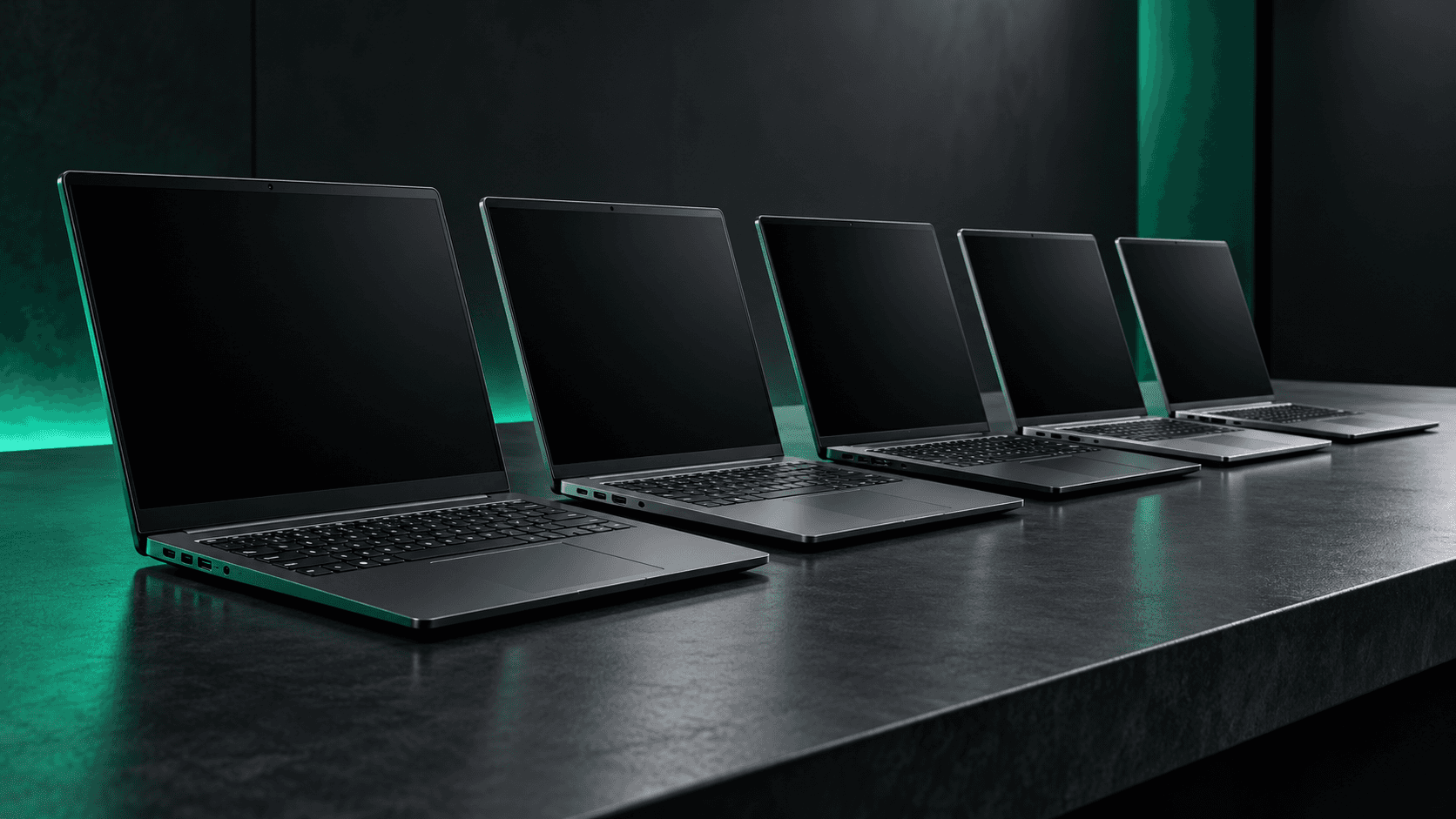 A row of laptops with lids open and screens off