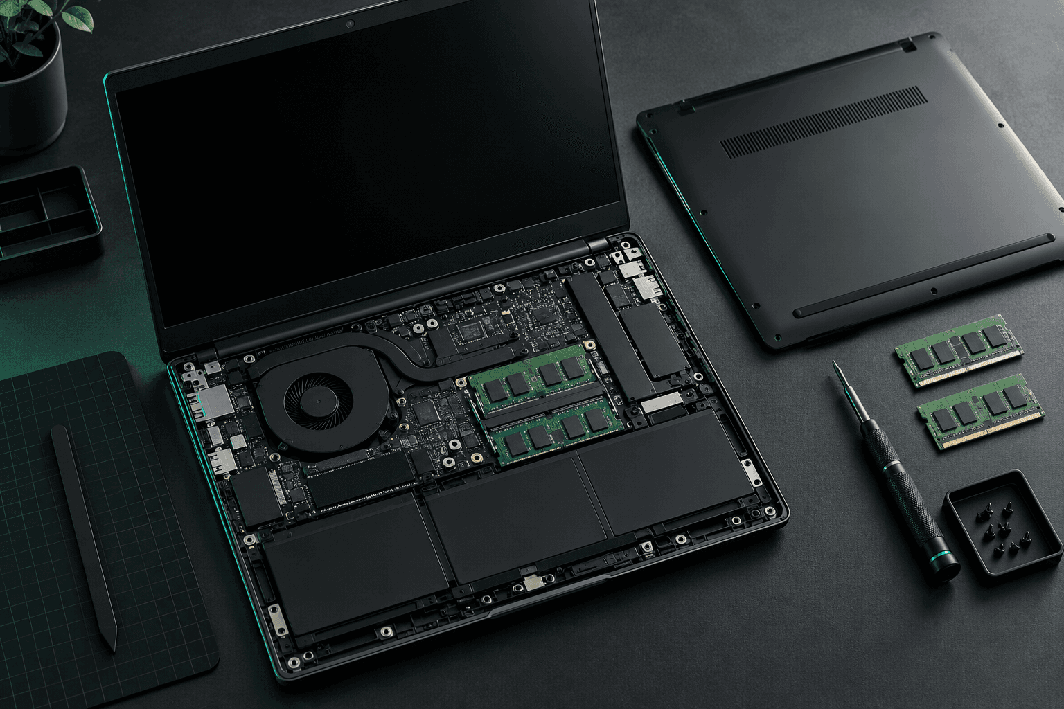 An opened laptop with precision tools and memory modules on a workbench
