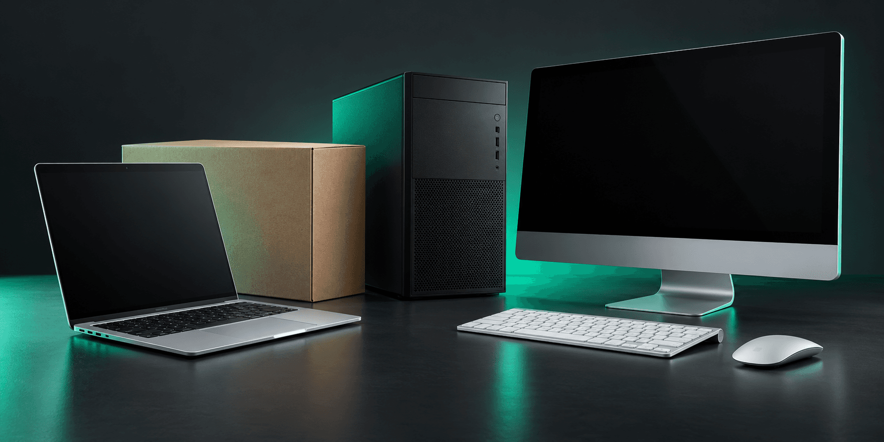 A laptop, desktop tower, monitor, keyboard and mouse with an unbranded box